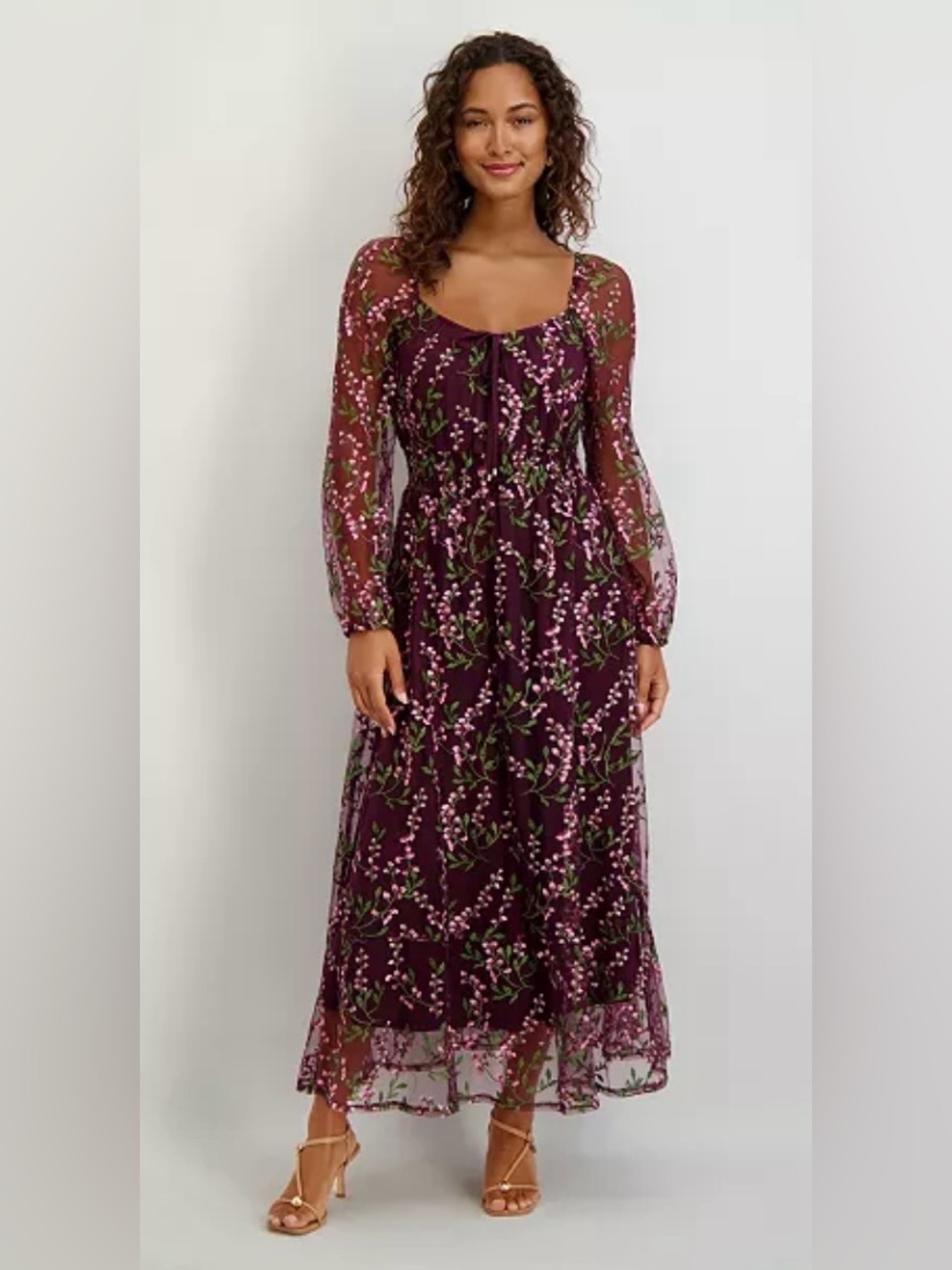 New Kensie Sweetheart Neck Long Sleeve Embroidered Mesh Midi Dress Size 6
